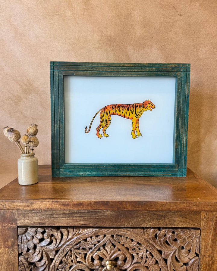 Hand-Painted Indian Reverse Glass Tiger Artwork – Mango Wood Frame (Teal Finish, 37 x 45cm)