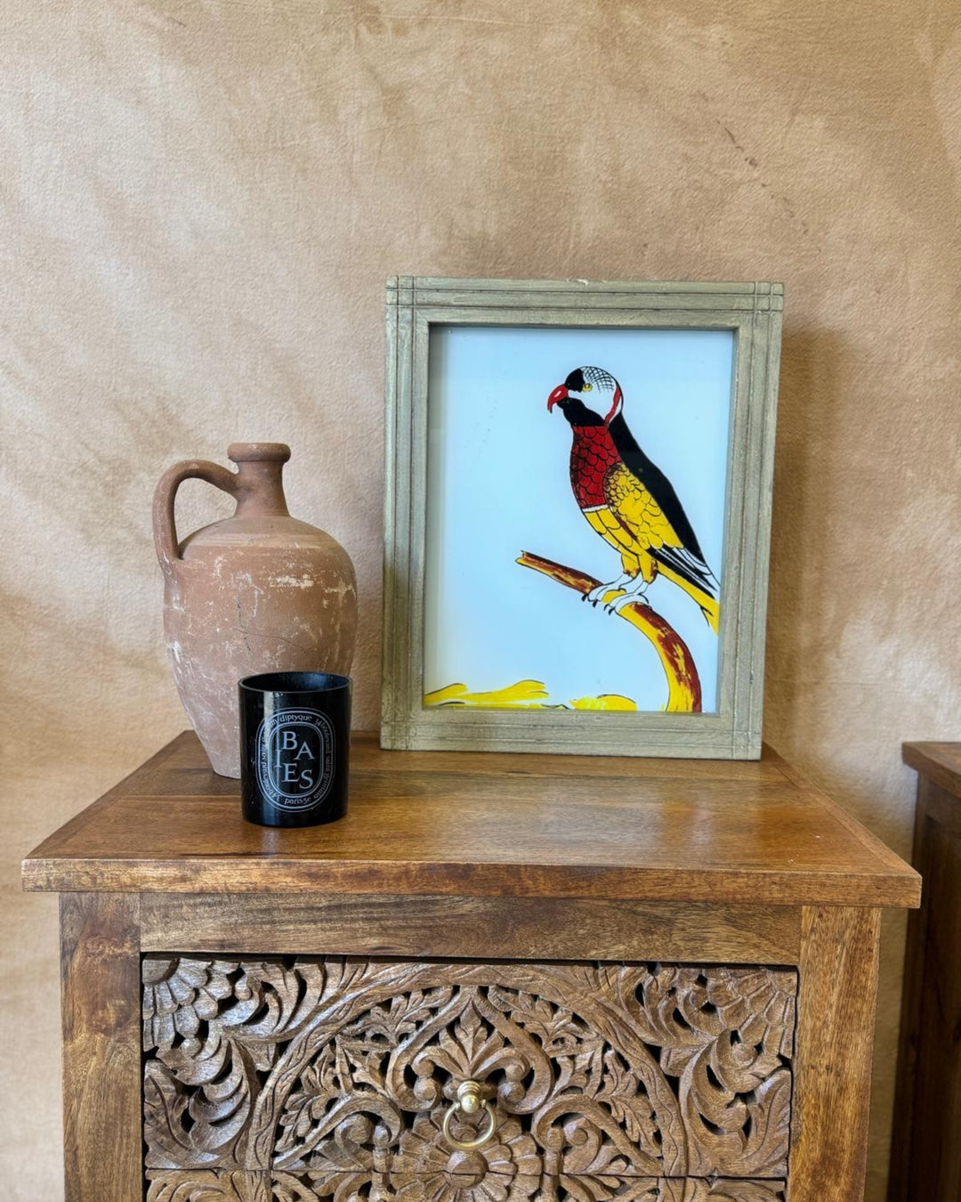 Hand-Painted Indian Reverse Glass Bird Artwork – Mango Wood Frame (Natural Finish, 37 x 45cm)