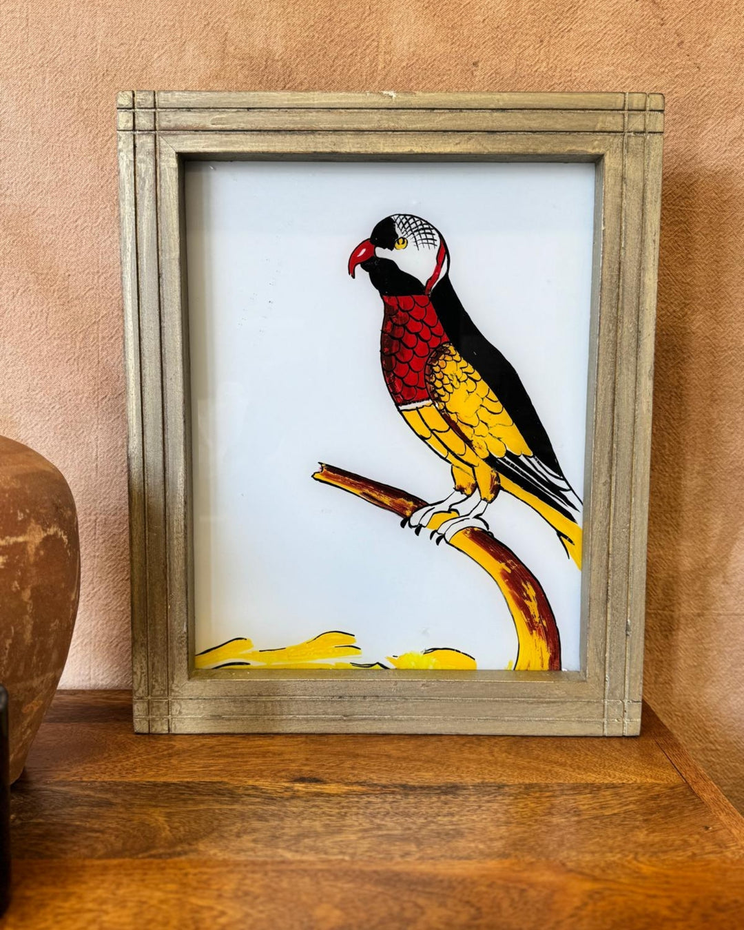 Hand-Painted Indian Reverse Glass Bird Artwork – Mango Wood Frame (Natural Finish, 37 x 45cm)