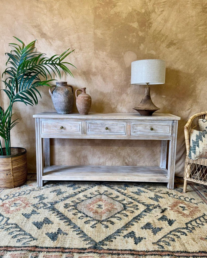 Creamwashed Mango Wood Console Table with Drawers & Shelf – 150cm