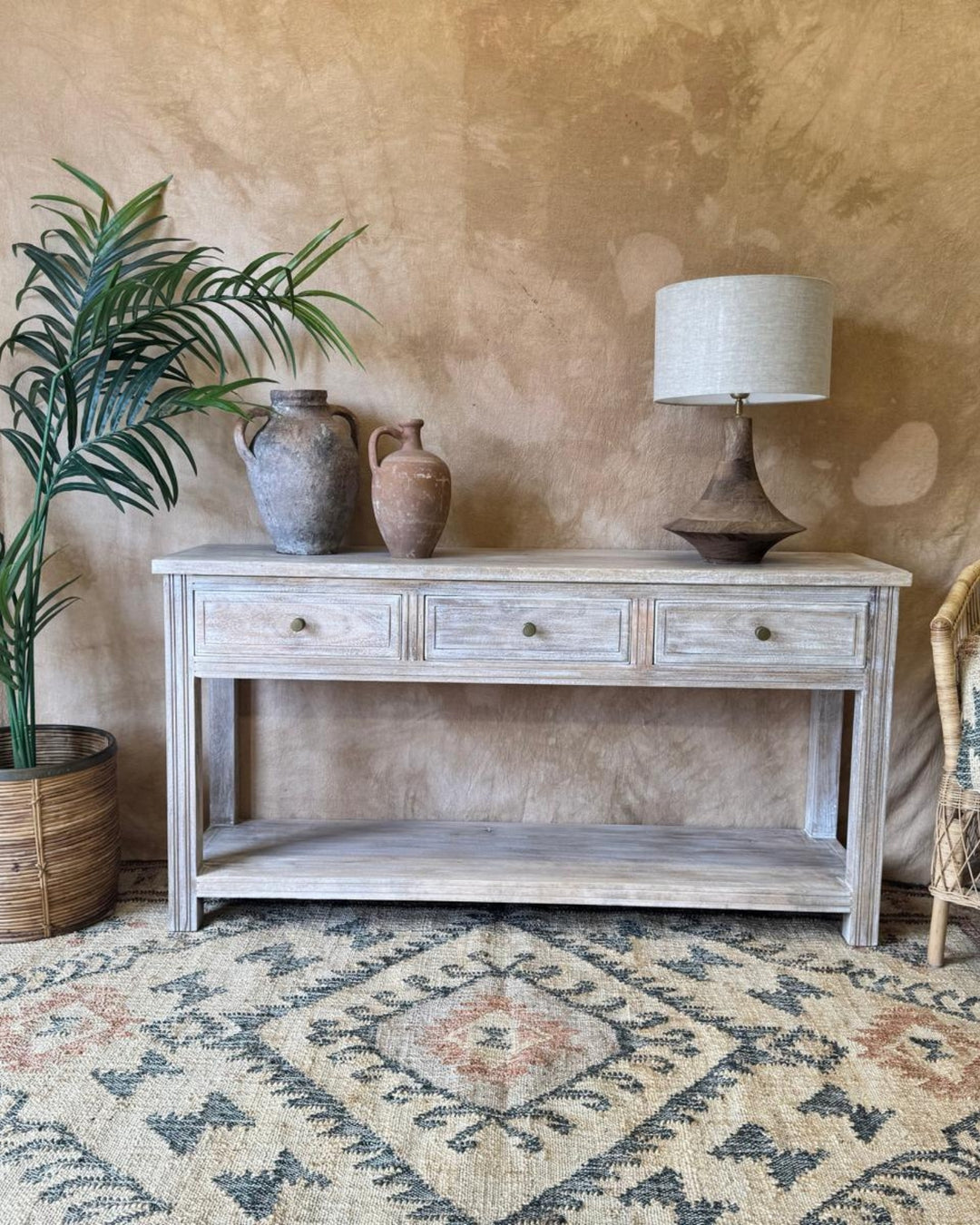 Creamwashed Mango Wood Console Table with Drawers & Shelf – 150cm