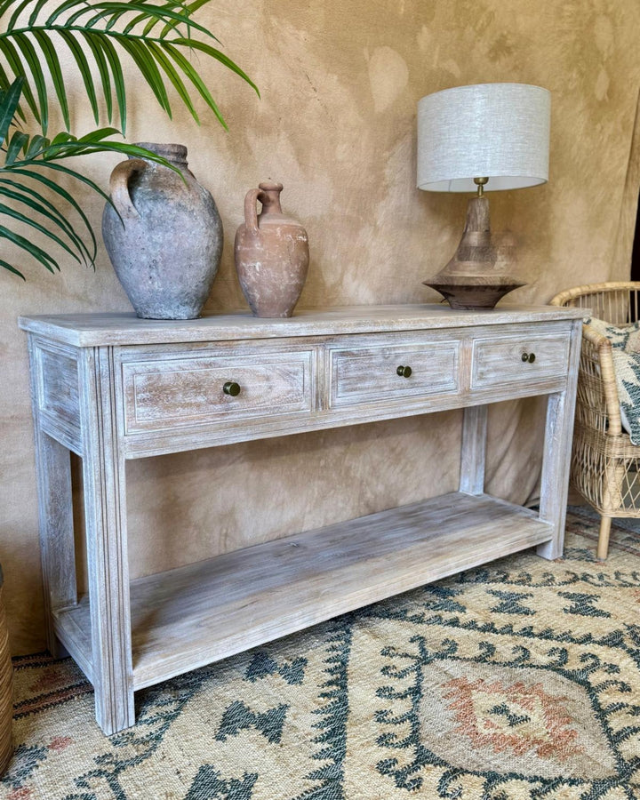 Creamwashed Mango Wood Console Table with Drawers & Shelf – 150cm