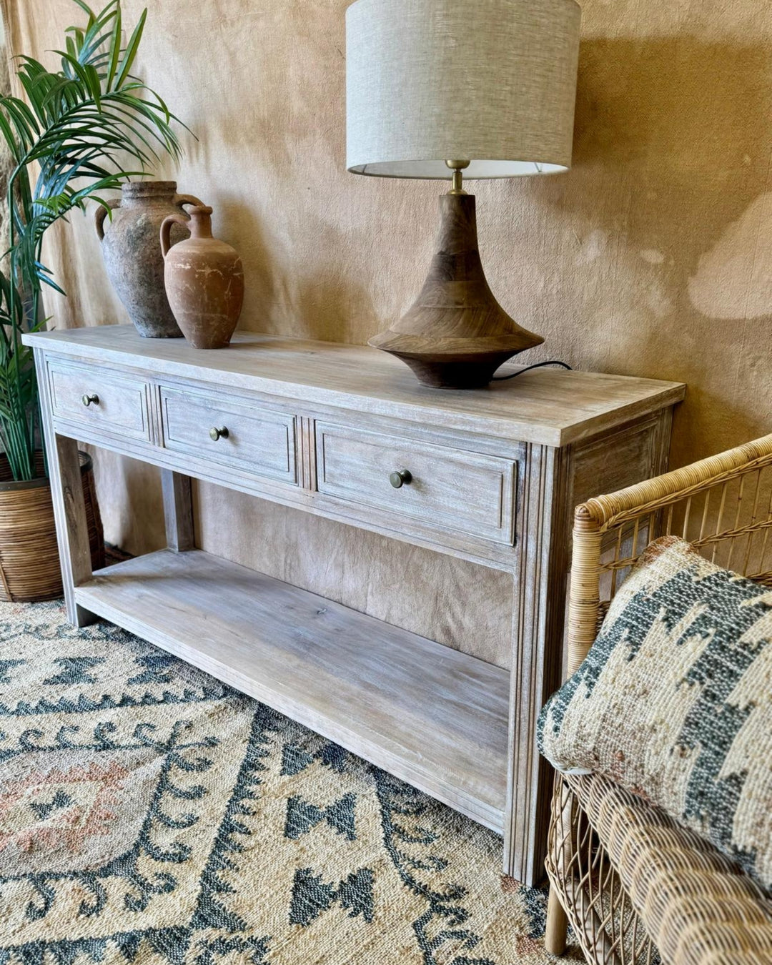 Creamwashed Mango Wood Console Table with Drawers & Shelf – 150cm