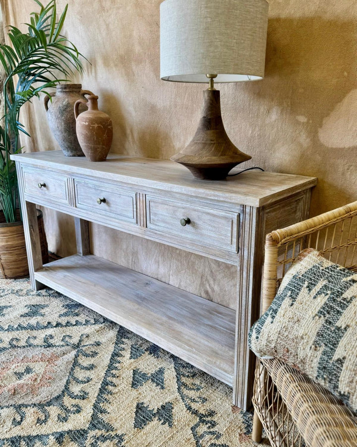 Creamwashed Mango Wood Console Table with Drawers & Shelf – 150cm