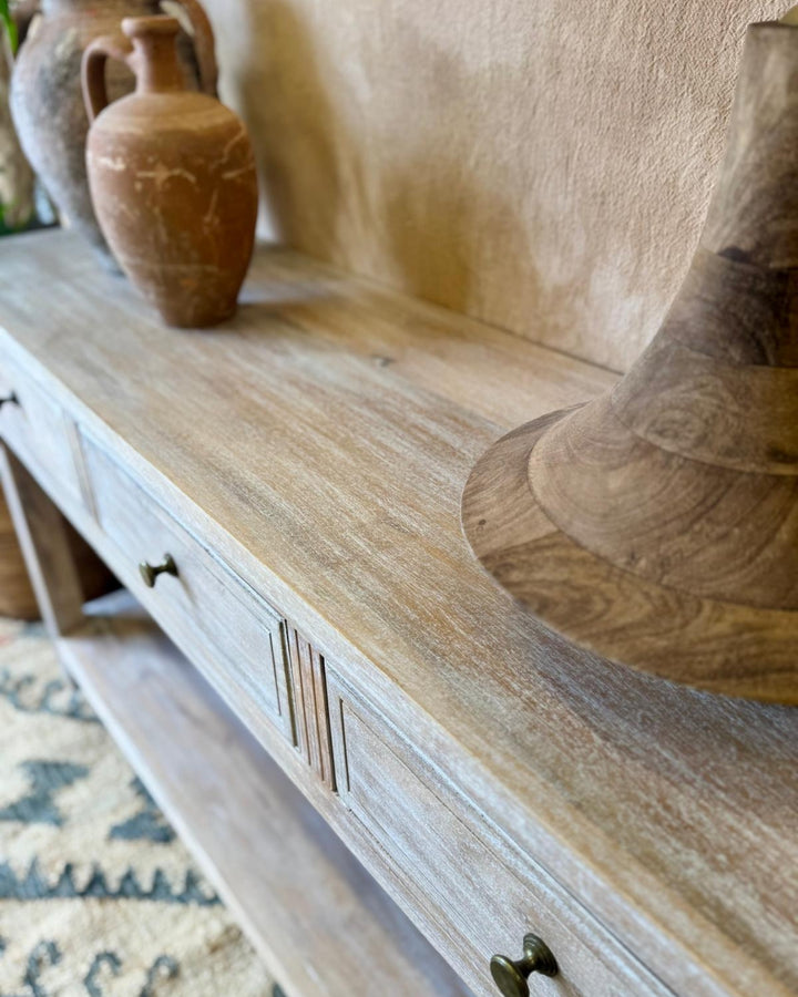 Creamwashed Mango Wood Console Table with Drawers & Shelf – 150cm