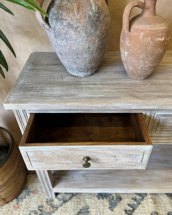 Creamwashed Mango Wood Console Table with Drawers & Shelf – 150cm