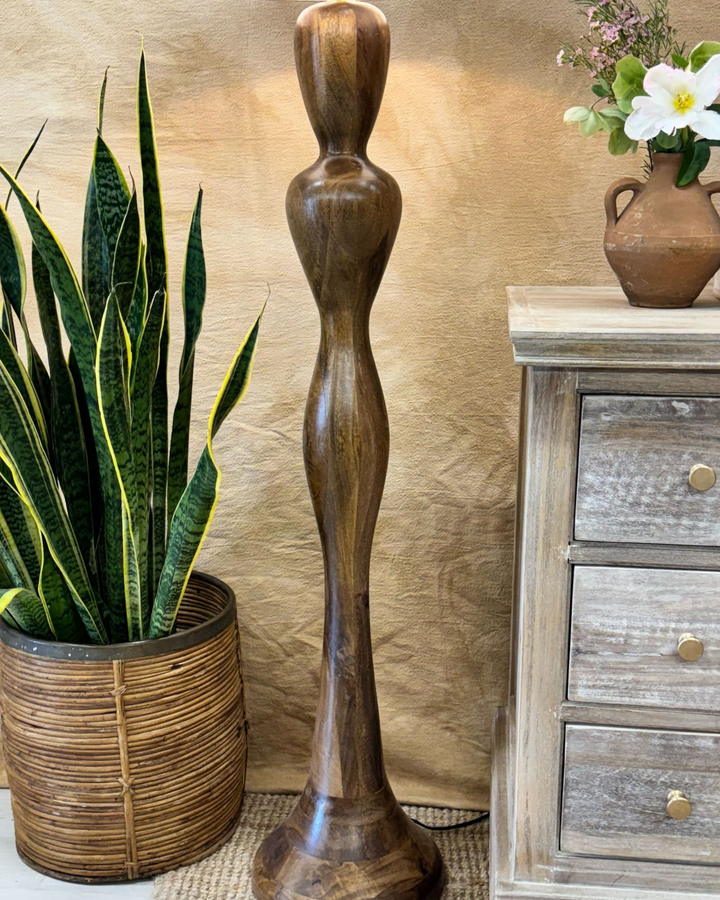Handcrafted Mango Wood Floor Lamp with Linen Shade – Polished Finish