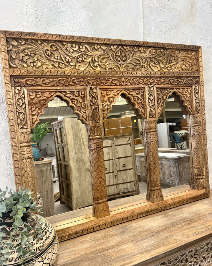 Hand-Carved Mango Wood Mirror – 3 Arch Indian Design