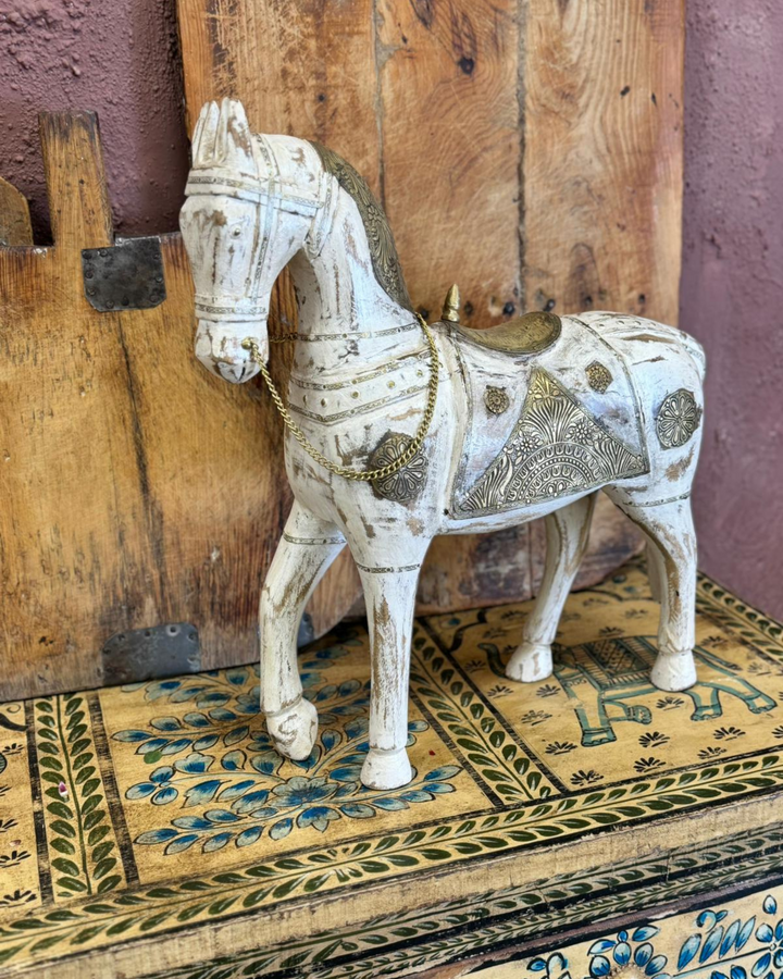 White Hand-Painted & Hand-Carved Mango Wood Horse with Brass Detailing