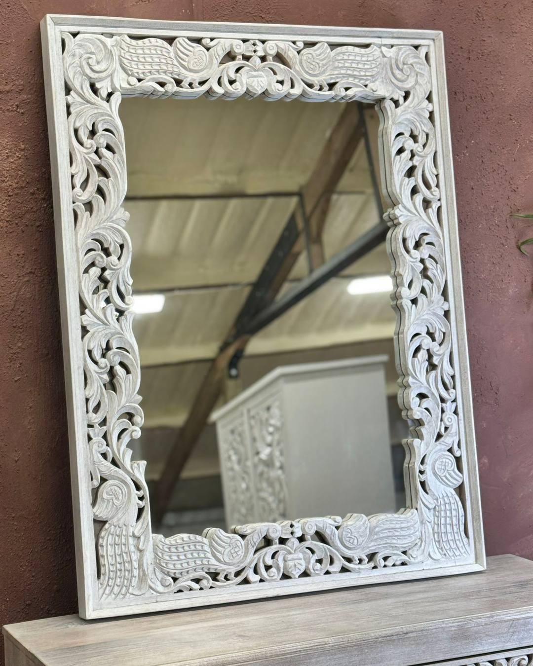 Hand-Carved Mango Wood Mirror – Whitewashed Finish with Peacock & Floral Detail