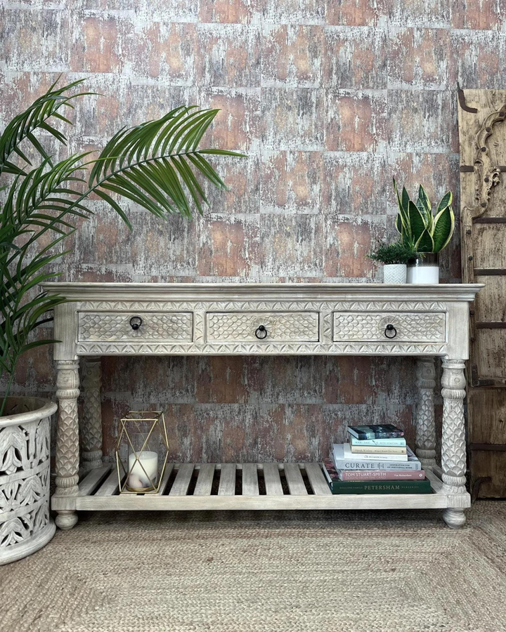 Hand Carved 3 Drawer Mango Wood Console Table