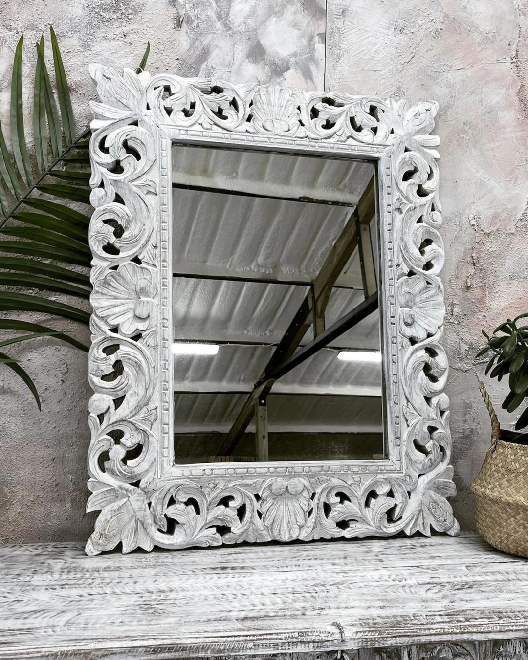 Charming Whitewash Hand Carved Small Mirror