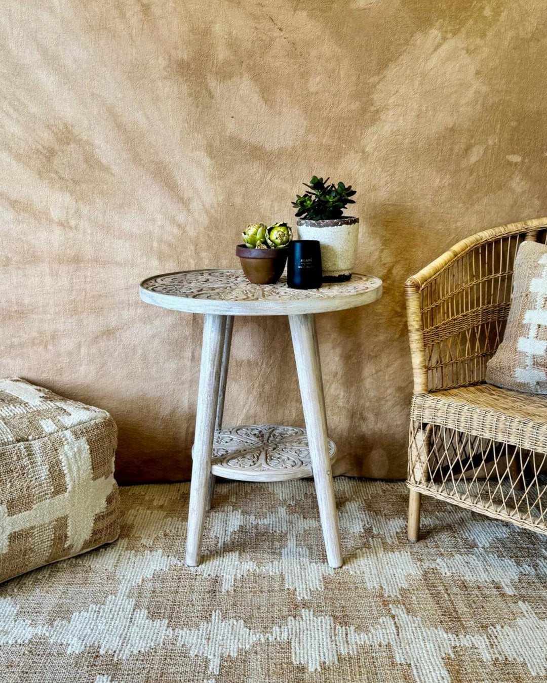 Hand-Carved Mango Wood Circular Side Table with Shelf – Creamwash Floral Design