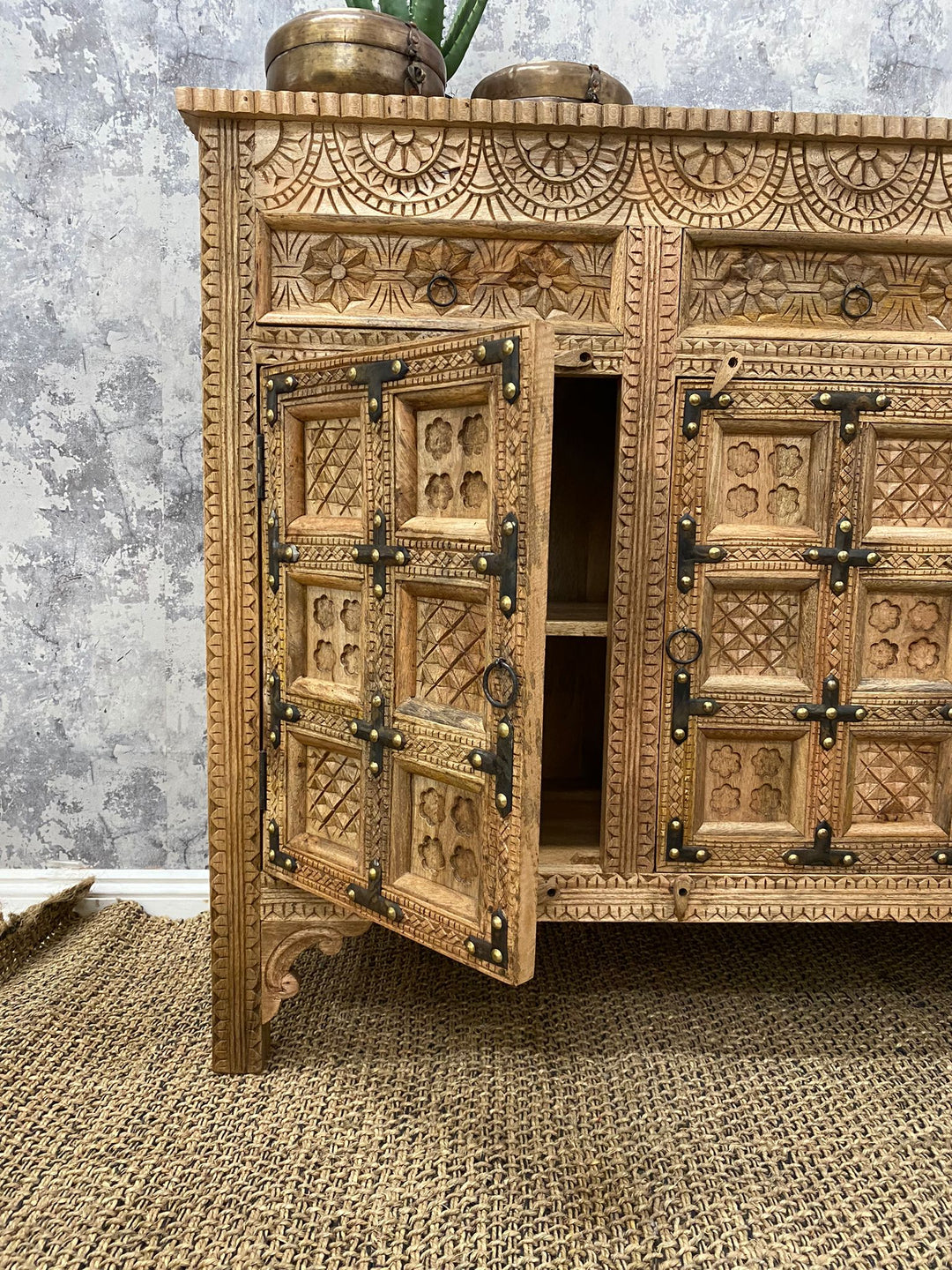 Intricately Carved Polished Indian Sideboard with Brass Detailing