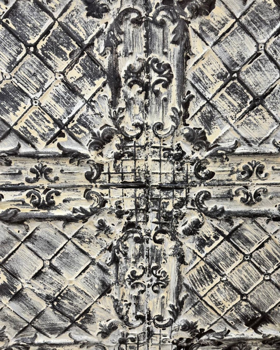 Large Reclaimed Iron Indian Ceiling Tile – Whitewashed Finish with Hand-Engraved Detailing