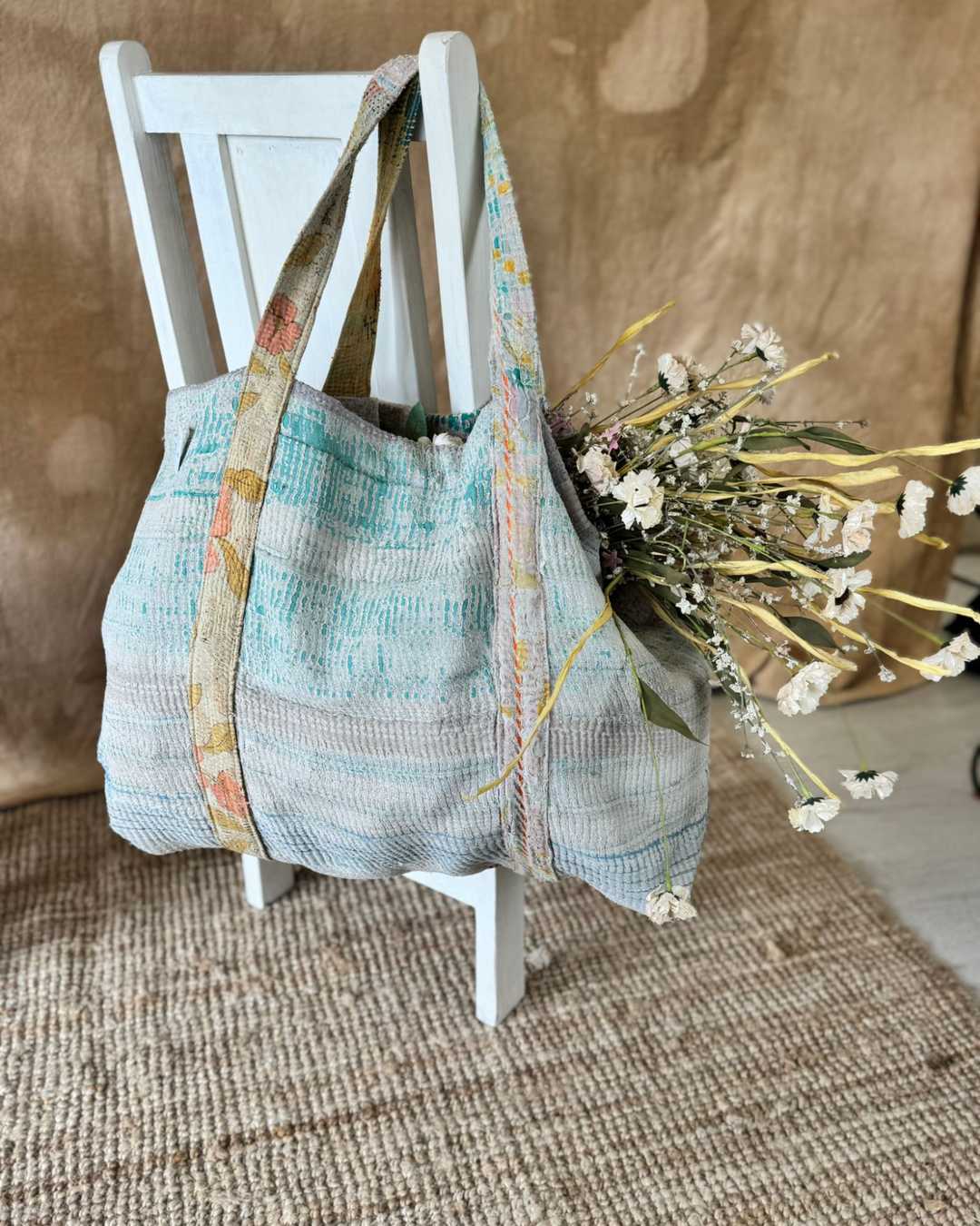 Handmade Upcycled Sari Tote Bag – Pale Aqua & Neutral | Multi-Purpose Everyday & Beach Bag
