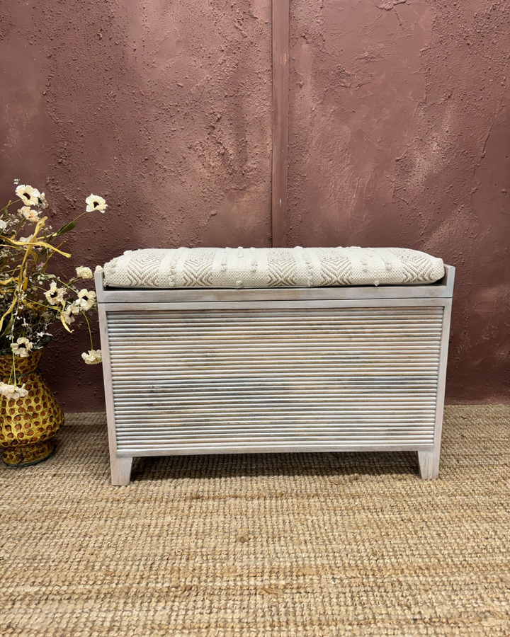 Mango Wood & Handwoven Geometric Cotton Ottoman Storage Bench – Two Sizes
