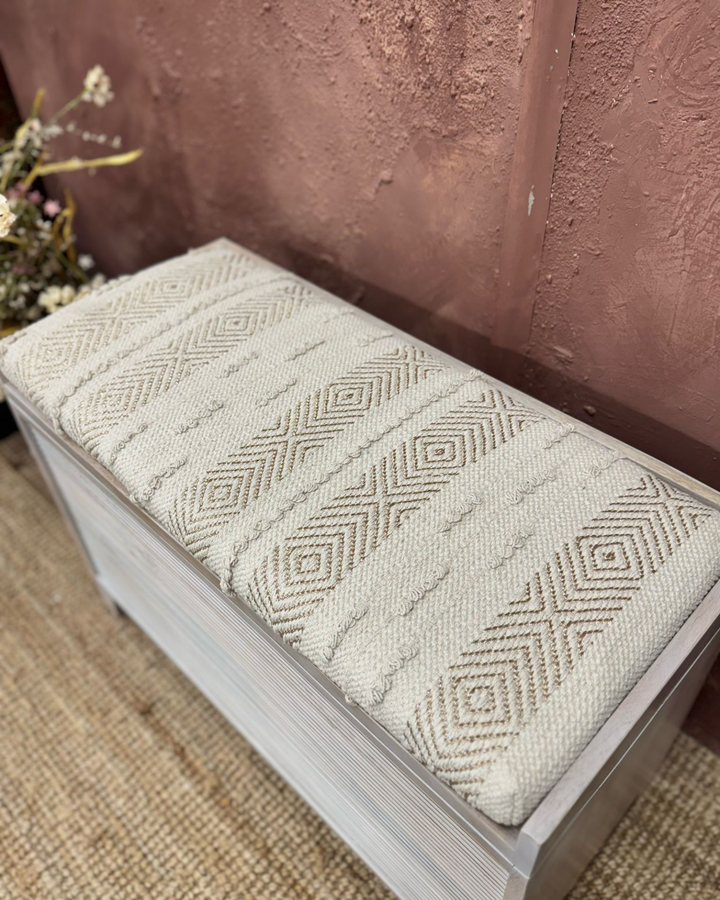 Mango Wood & Handwoven Geometric Cotton Ottoman Storage Bench – Two Sizes