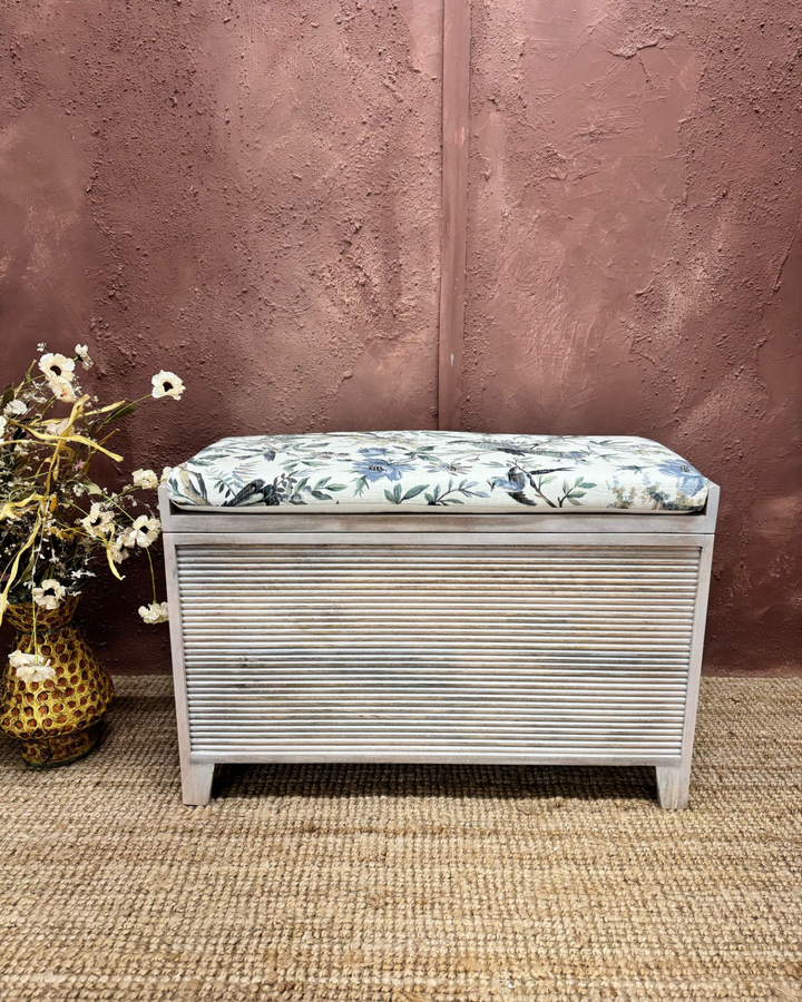 Mango Wood & Floral Cotton Ottoman Storage Bench – Two Sizes