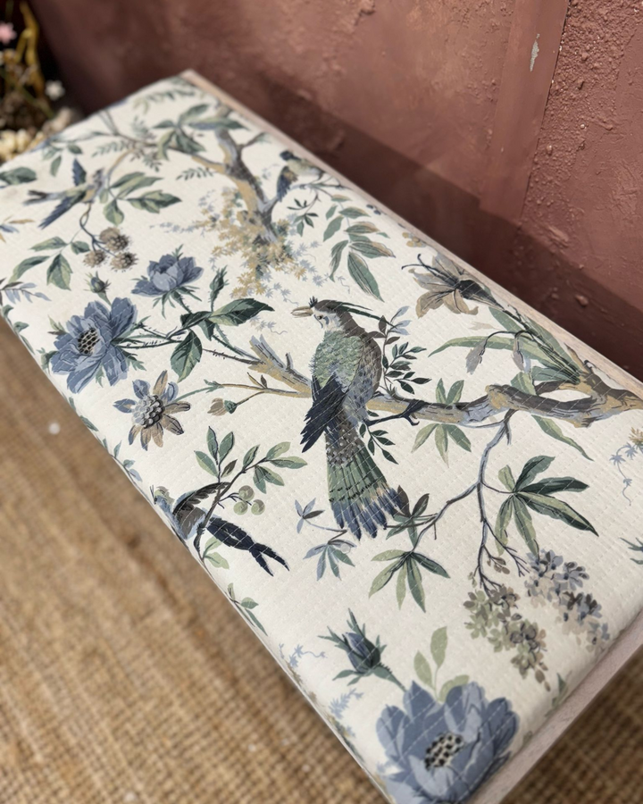 Mango Wood & Floral Cotton Ottoman Storage Bench – Two Sizes