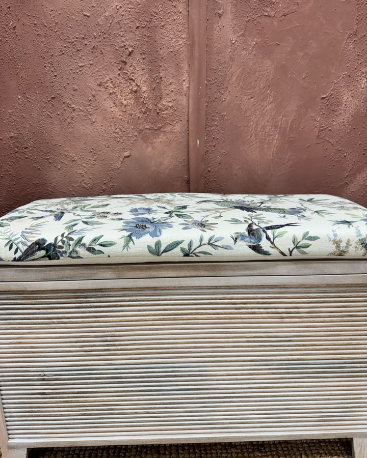 Mango Wood & Floral Cotton Ottoman Storage Bench – Two Sizes