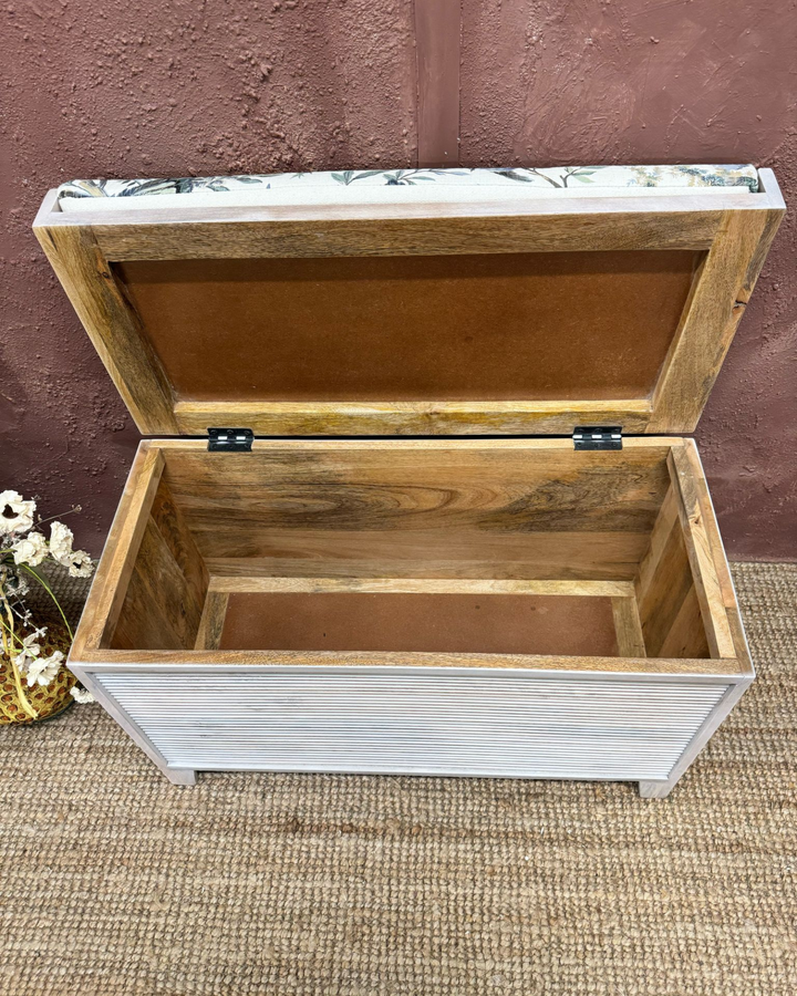 Mango Wood & Floral Cotton Ottoman Storage Bench – Two Sizes
