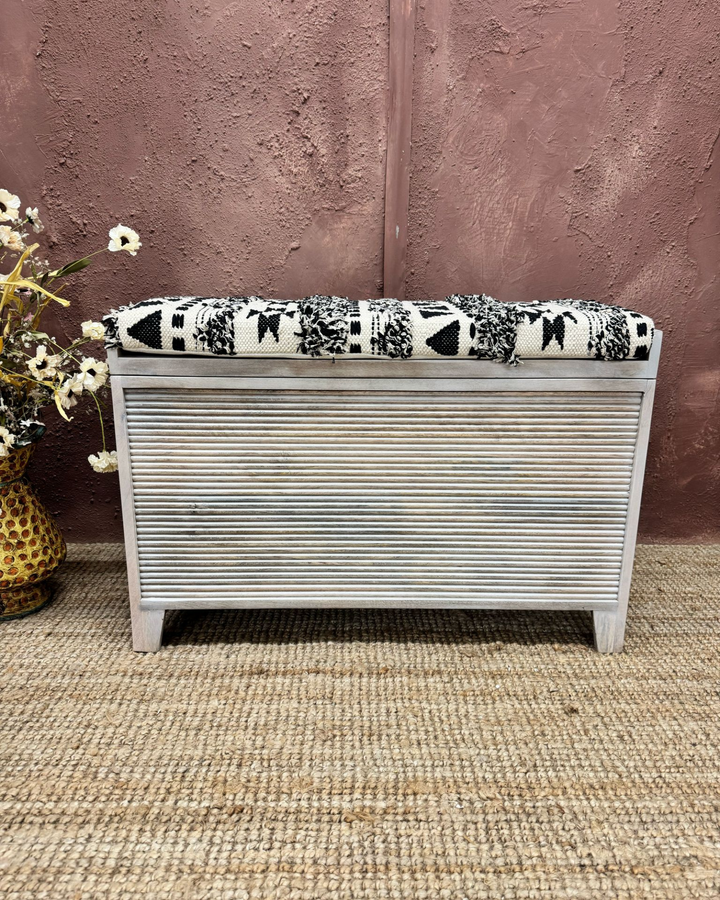 Mango Wood & Woven Cotton Ottoman Storage Bench – Two Sizes