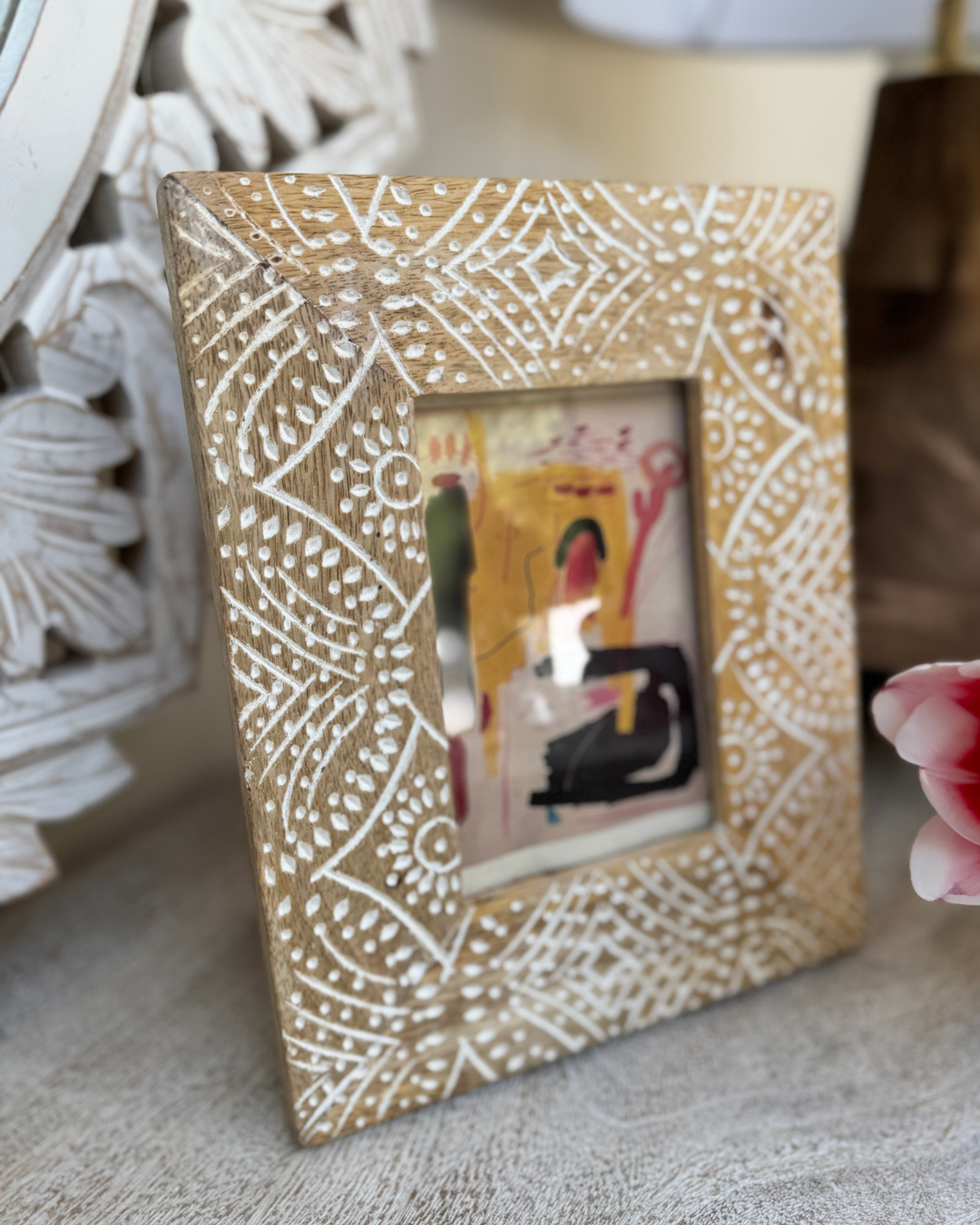 Hand-Carved Mango Wood Picture Frame – Indian Pattern (4x6")