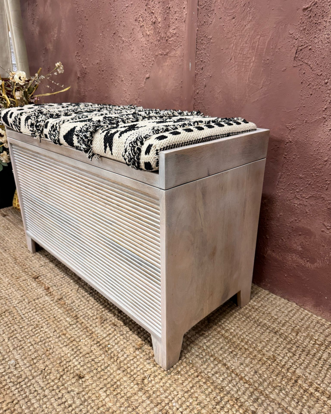 Mango Wood & Woven Cotton Ottoman Storage Bench – Two Sizes