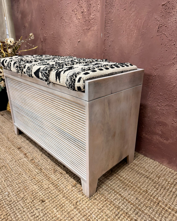 Mango Wood & Woven Cotton Ottoman Storage Bench – Two Sizes