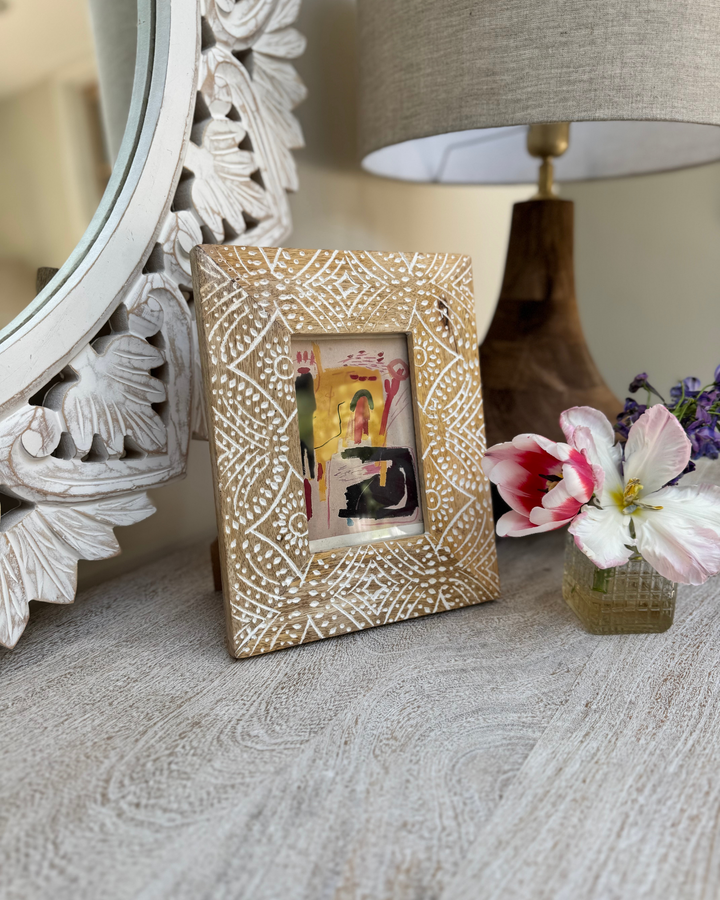 Hand-Carved Mango Wood Picture Frame – Indian Pattern (4x6")