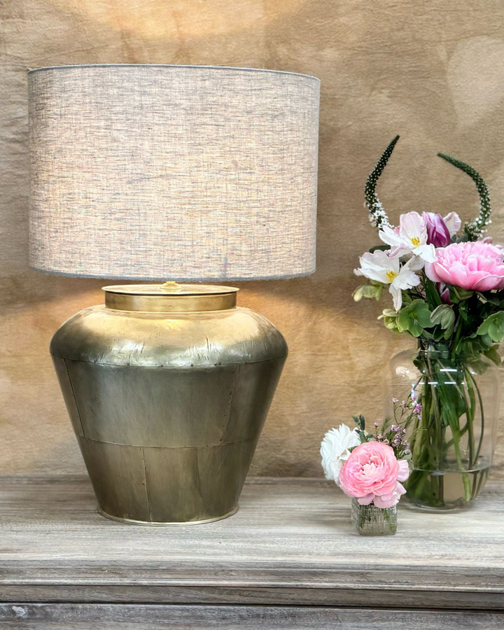 Brass Table Lamp with Linen Shade – Wide Curved Base Design