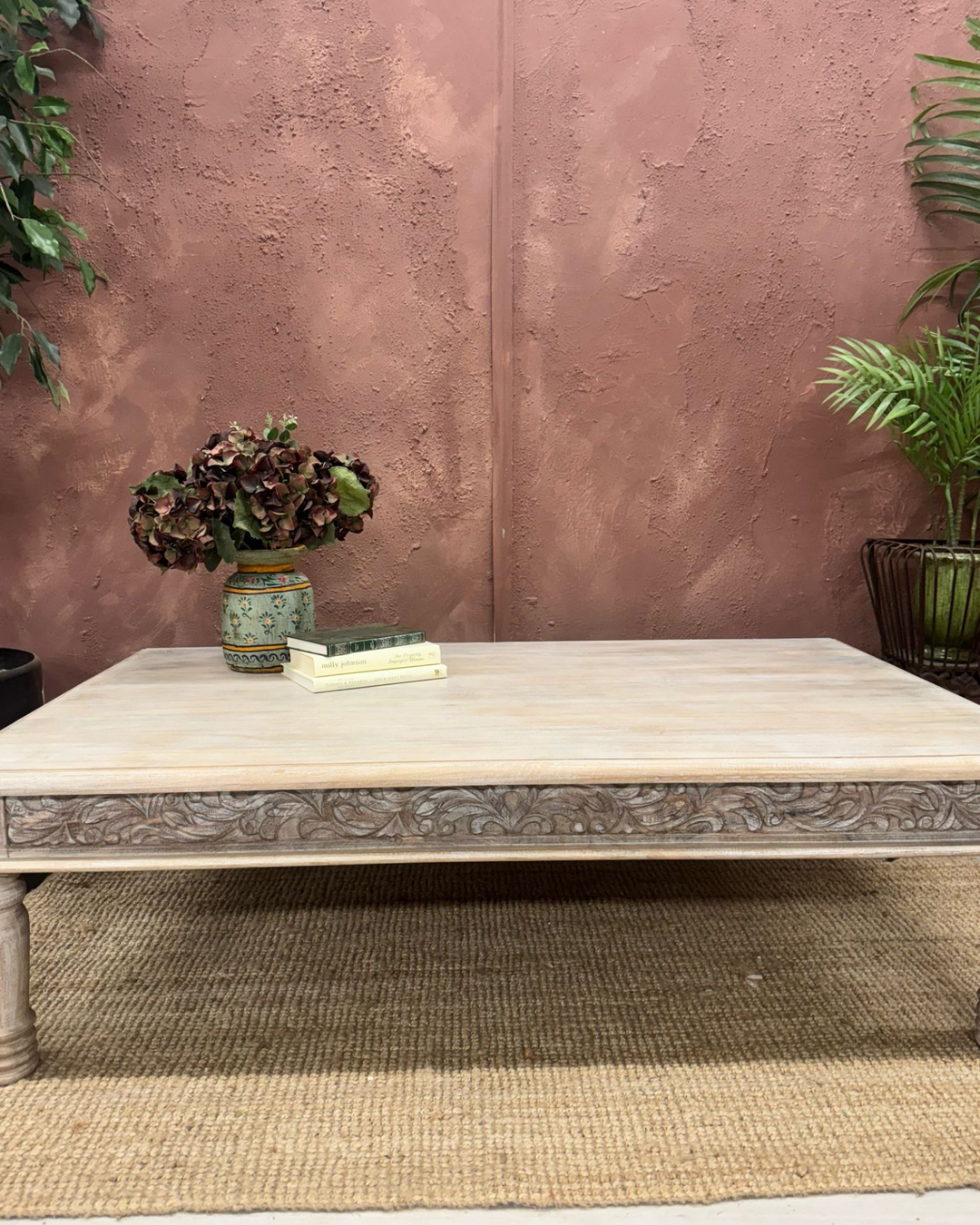 Hand-Carved Mango Wood Coffee Table – Natural Finish