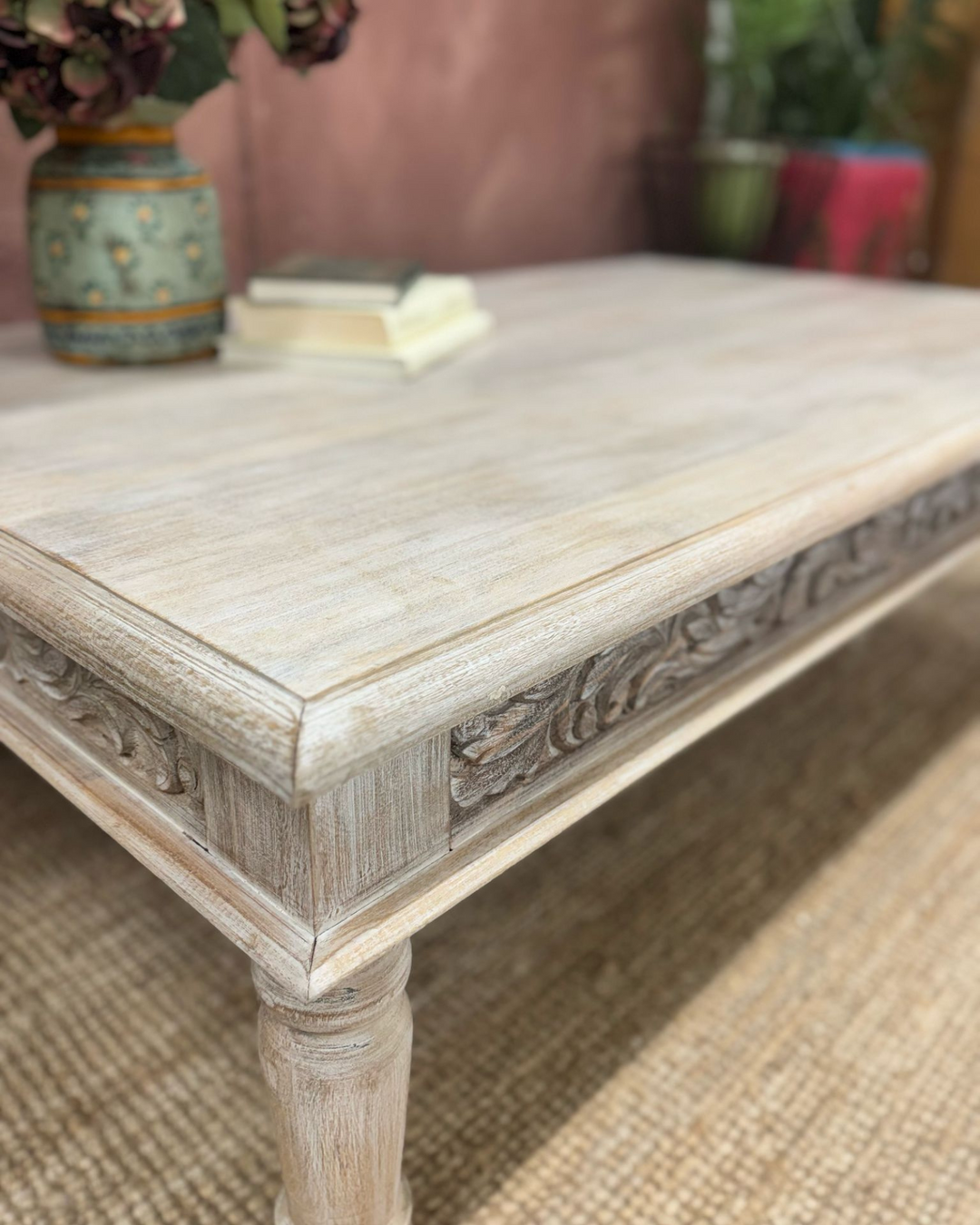 Hand-Carved Mango Wood Coffee Table – Natural Finish