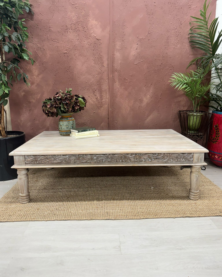 Hand-Carved Mango Wood Coffee Table – Natural Finish