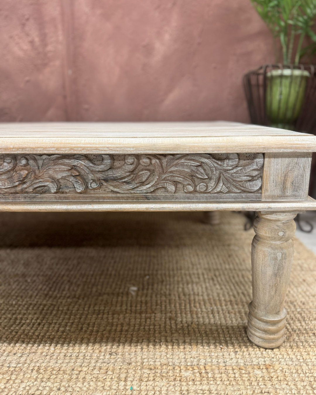 Hand-Carved Mango Wood Coffee Table – Natural Finish