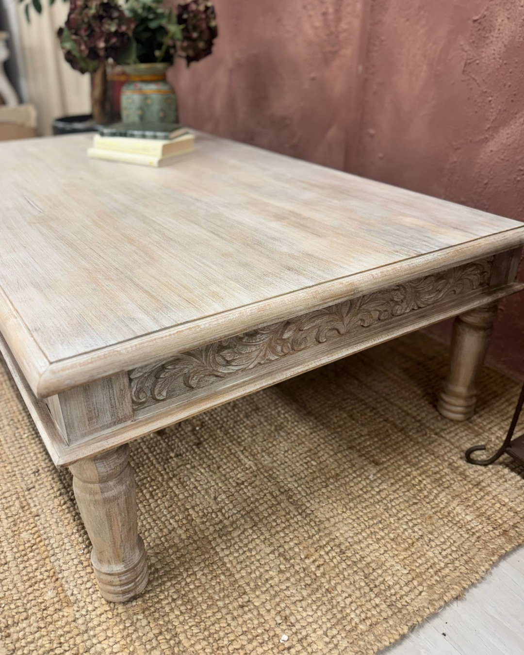 Hand-Carved Mango Wood Coffee Table – Natural Finish