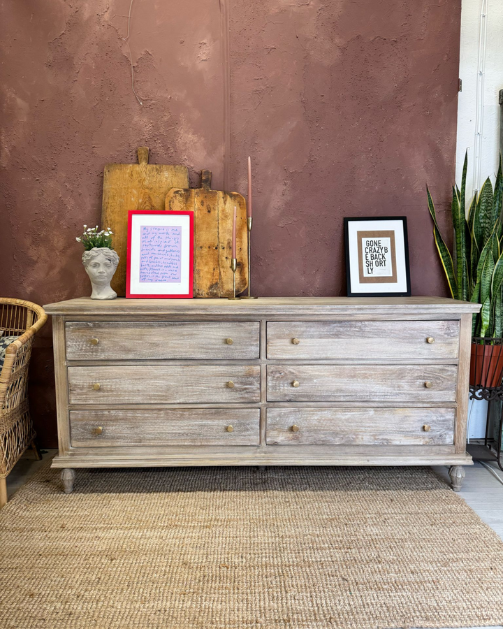 Mango Wood 6-Drawer Chest – Light Whitewashed Finish