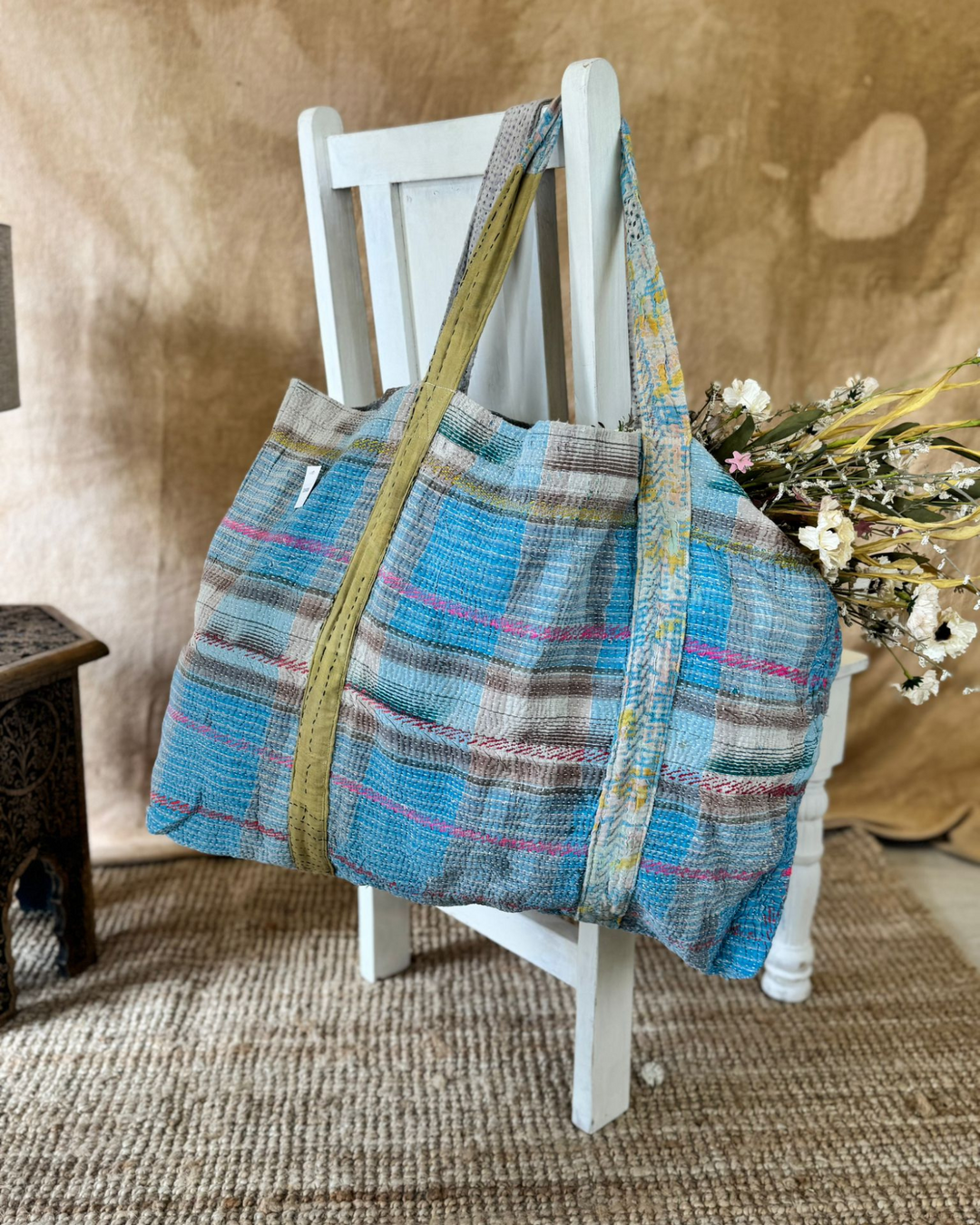 Handmade Upcycled Sari Tote Bag – Blue & Neutral Check | Multi-Purpose Everyday & Beach Bag