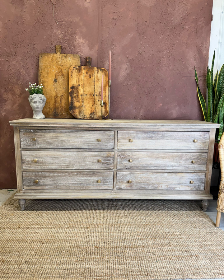 Mango Wood 6-Drawer Chest – Light Whitewashed Finish