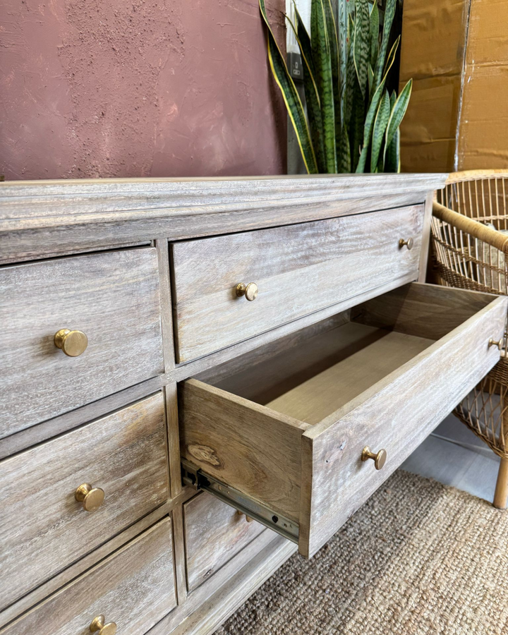 Mango Wood 6-Drawer Chest – Light Whitewashed Finish