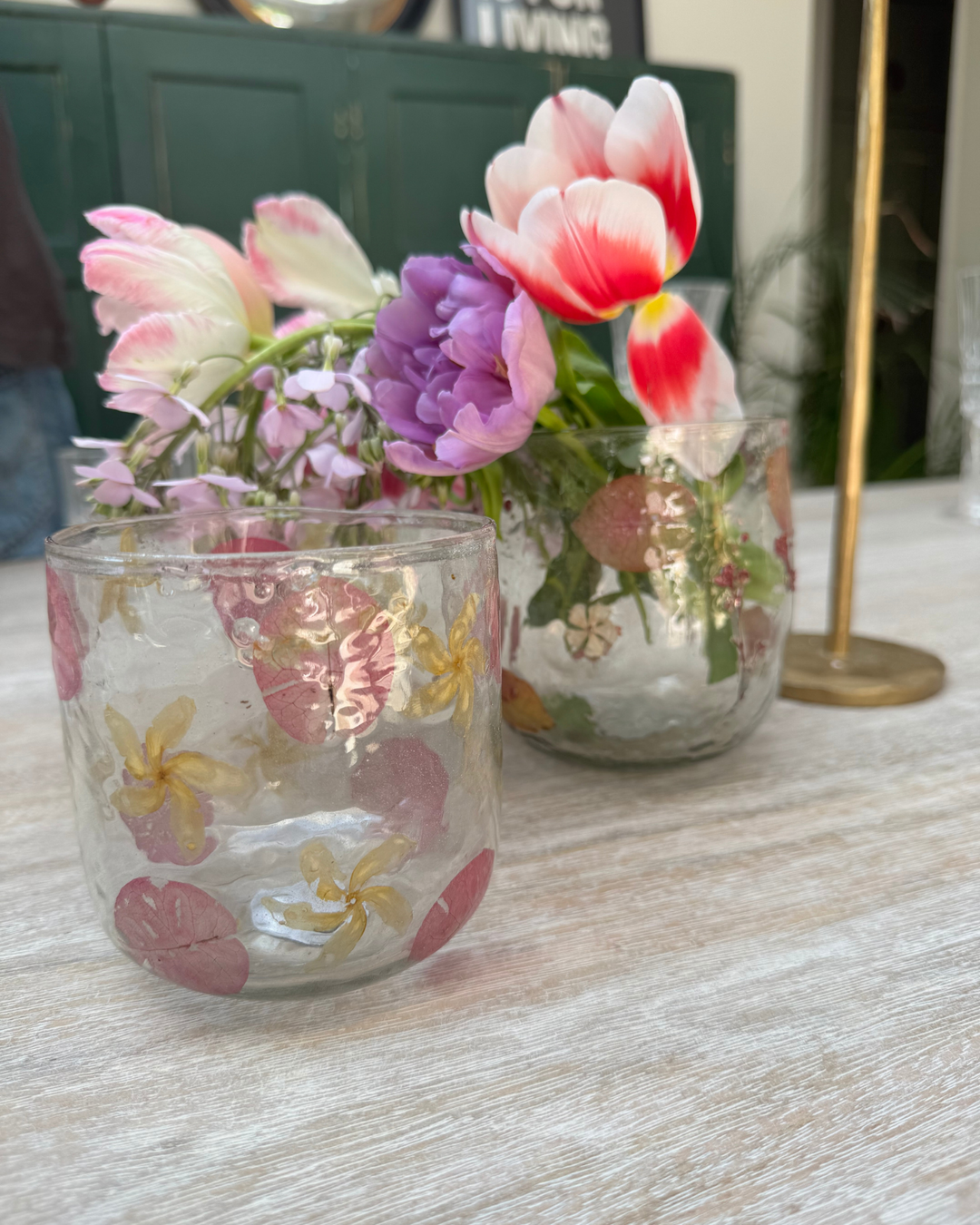 Recycled Glass vase or candle holder  with Pressed Flowers