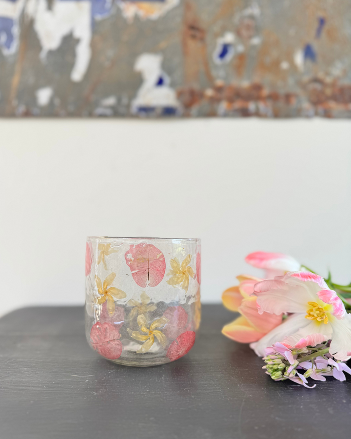 Recycled Glass vase or candle holder  with Pressed Flowers