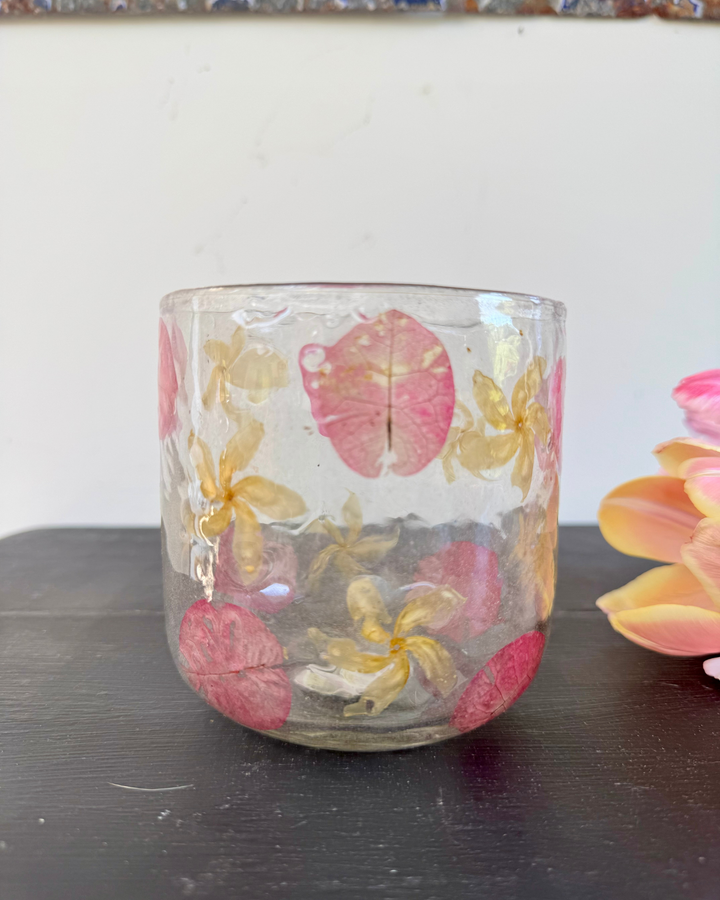 Recycled Glass vase or candle holder  with Pressed Flowers