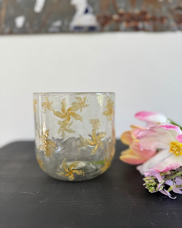 Large Recycled Glass Vase or candle holder with Pressed Flowers – 12cm