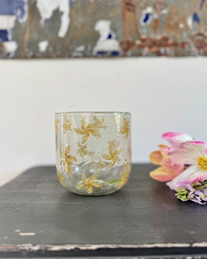 Large Recycled Glass Vase or candle holder with Pressed Flowers – 12cm