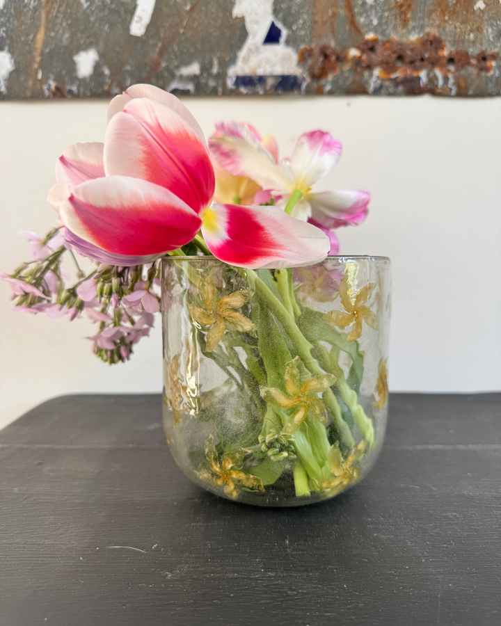Large Recycled Glass Vase or candle holder with Pressed Flowers – 12cm