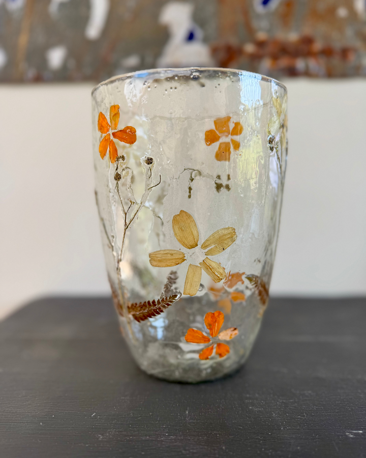 Tall Recycled Glass Vase with Pressed Flowers – 20cm