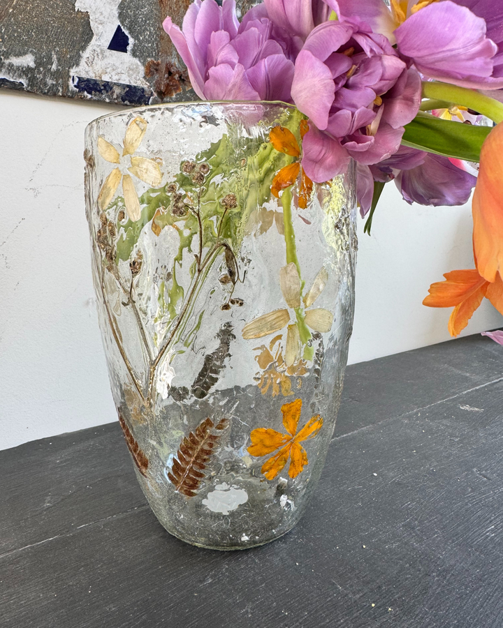 Tall Recycled Glass Vase with Pressed Flowers – 20cm