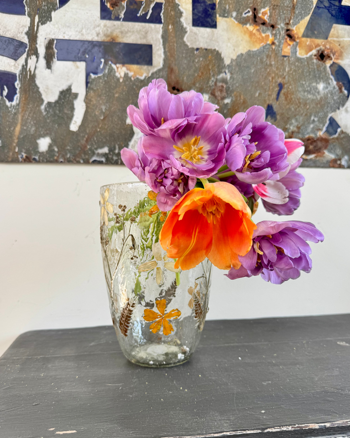 Tall Recycled Glass Vase with Pressed Flowers – 20cm